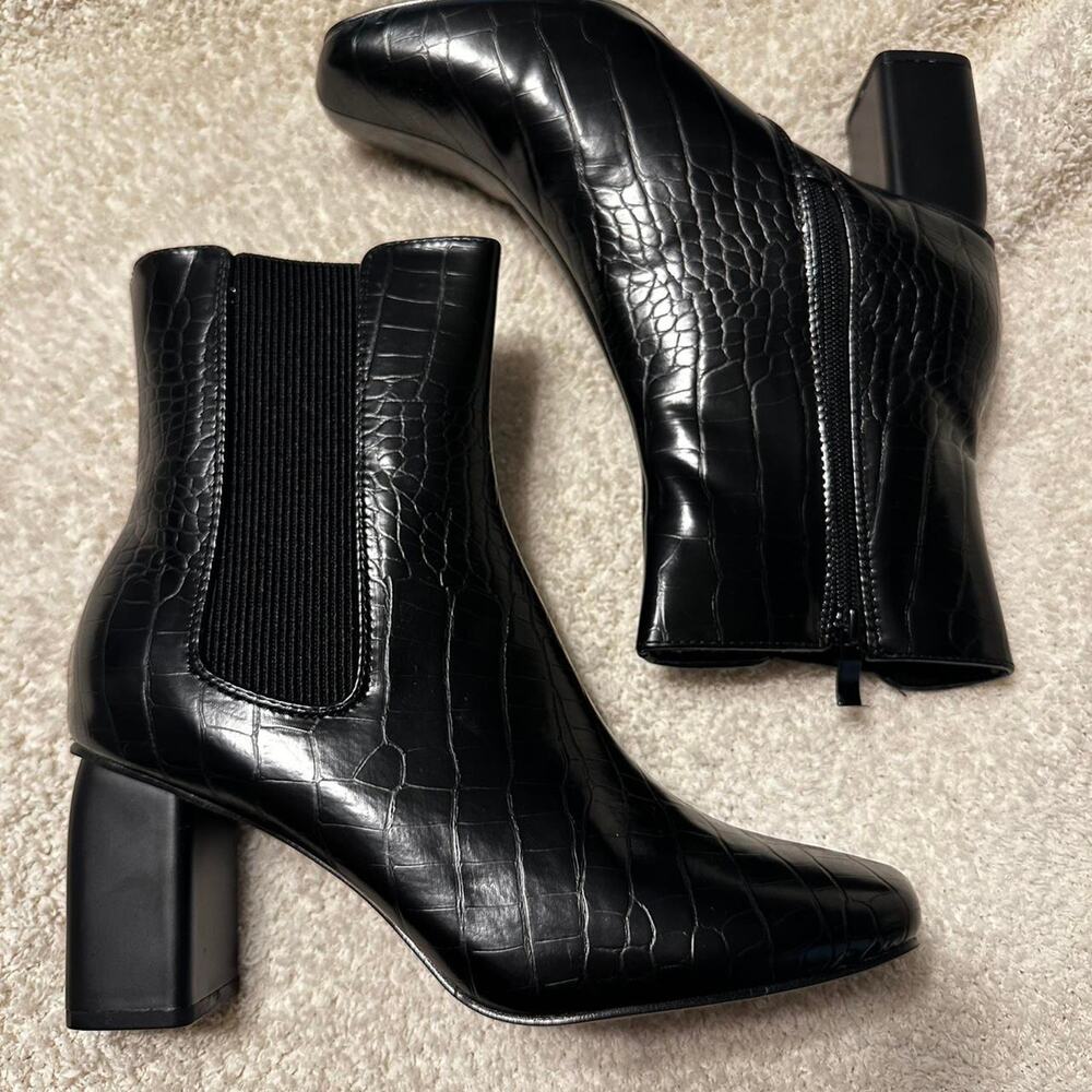 Never worn, new in box! Black Boohoo Croc Chelsea Heeled Ankle Boot, size 38